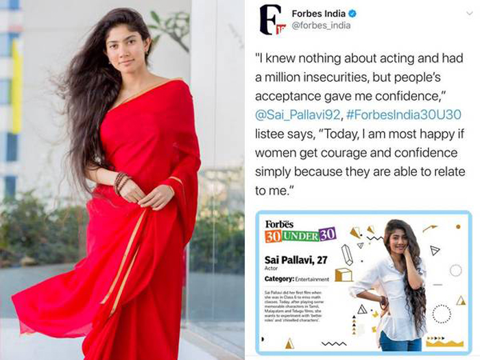 കഴിഞ്ഞ വര്‍ഷം സ്വാധീനം ചെലുത്തിയ 30 വയസിന് താഴെയുള്ള വരുടെ ഫോബ്സ് പട്ടികയില്‍ ഇടം നേടി സായ് പല്ലവി; ലിസ്റ്റില്‍ ഇടംപിടിക്കുന്ന ഏക ചലച്ചിത്ര നടിയായും താരം;  അഭിനയിക്കാന്‍ അറിയാത്ത തന്നെ കരകയറ്റിയത് ജനങ്ങള്‍ നല്‍കിയ അംഗീകാരമാണെന്ന് നടി