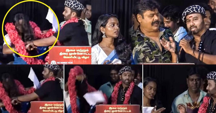 സിനിമാ പ്രമോഷനിടെ അവതാരകയുടെ കഴുത്തില്‍ ബലം പ്രയോഗിച്ച് മാലയിട്ട് നടന്‍ കൂള്‍ സുരേഷ്;'സരക്ക്' സിനിമയുടെ ഓഡിയോ ലോഞ്ചിനിടെയുണ്ടായ സംഭവത്തില്‍ കടുത്ത വിമര്‍ശനം