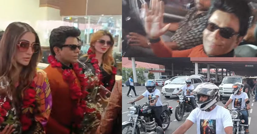 ഇരുവശത്തായി  താരസുന്ദരിമാരായ റായ് ലക്ഷ്മിയും ഉര്‍വശിയും; വിമാനത്താവളത്തില്‍ നിന്നും സ്വീകരിച്ച് കൊണ്ട് പോയത്‌ ആഡംബര കാറുകളുടെയും ബുള്ളറ്റുകളും റോഡ് ഷോ നടത്തി; ദി ലെജന്‍ഡ് എന്ന ചിത്രത്തിന്റെ പ്രൊമോഷനായി കേരളത്തിലെത്തിയ ശരവണ സ്‌റ്റോഴ്‌സ് ഉടമ ശരവണന്‍ ശ്രദ്ധ നേടിയത് ഇങ്ങനെ