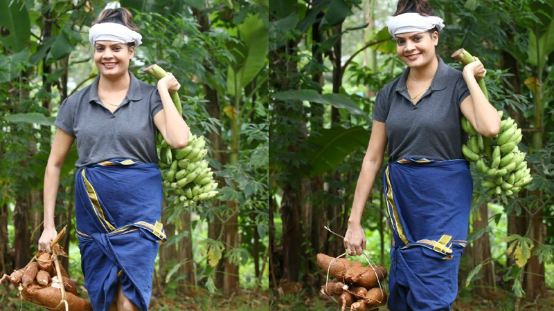 വാഴക്കുലയേന്തിയ കര്‍ഷകസ്ത്രീ; ലുങ്കിയുടുത്ത് കൈകളില്‍ കപ്പയും വാഴക്കുലയുമായി സുബി സുരേഷ്